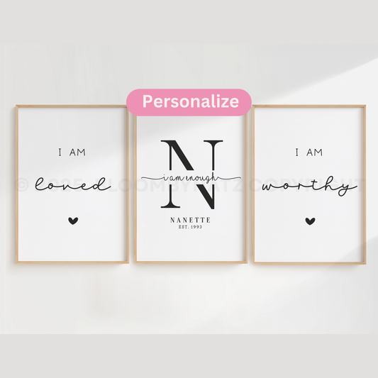 Personalized Affirmation Wall Art Trio – I Am Loved, I Am Enough, I Am Worthy